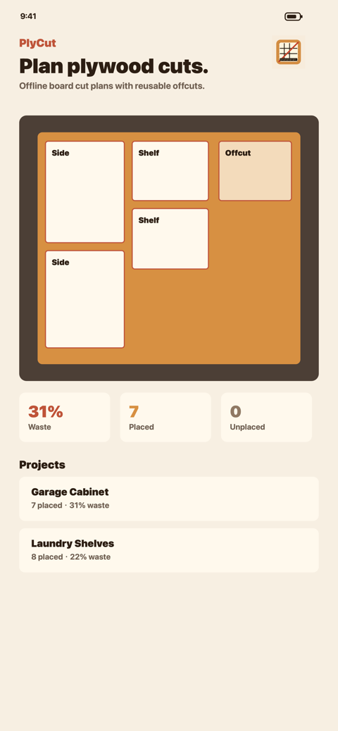 PlyCut dashboard showing board cut layout